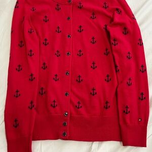 Tommy Hilfiger Red Cardigan with Blue Anchor Pattern Womens Size Small